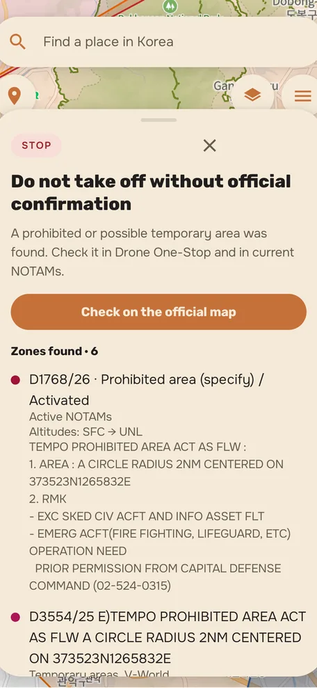 Expanded result: a list of found zones with NOTAM numbers, altitudes and original message texts.