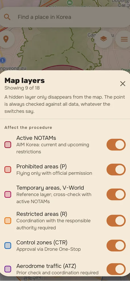 Layers panel: toggles for NOTAMs, prohibited, temporary, restricted zones, CTR and ATZ with legend colors.